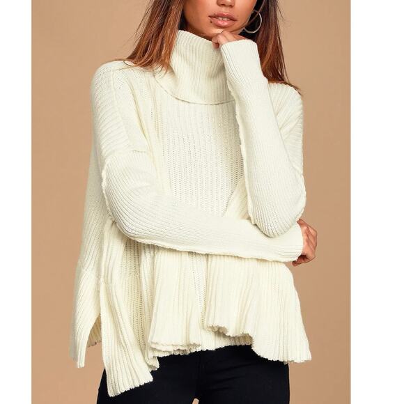 FREE PEOPLE Layer Cake Ribbed trapeze Turtleneck Off White Coconut sweater M - Picture 1 of 12